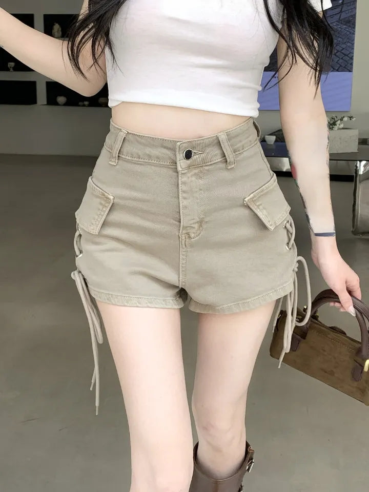 Lace Up High Waist Denim Shorts