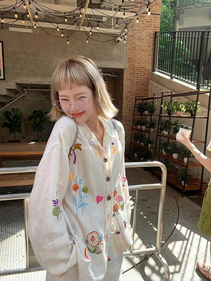 Sweet Embroidery Stripe Long Sleeve Blouse