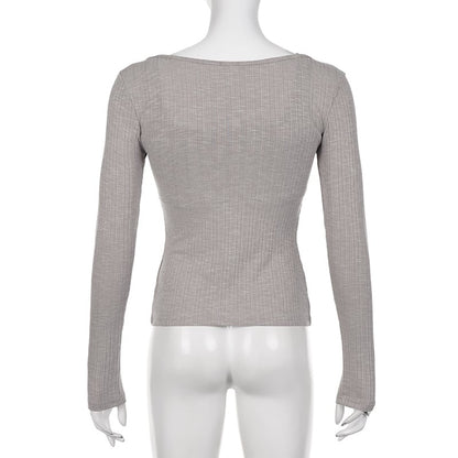 Grey Ribbed 2PCS Long Sleeve Shirt
