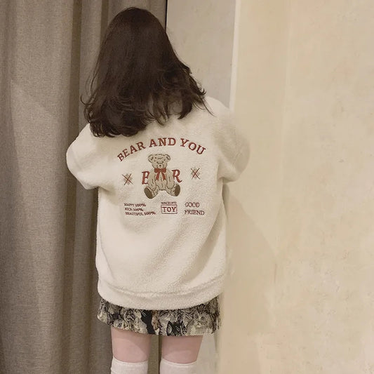 Fluffy Fleece Bear Embroidery Loose Zipper Jacket