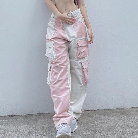 Pink Contrast Patchwork Cargo Pants