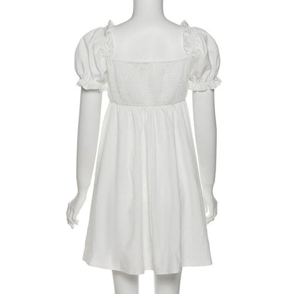 White Puff Sleeve Ruffle Trim Mini Dress