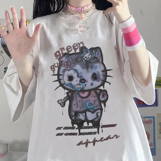 Zombie Anime Cat Print Short Sleeve T-shirt