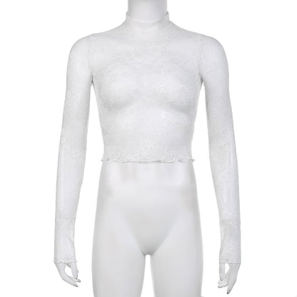White Transparent Lace Turtleneck Crop Top
