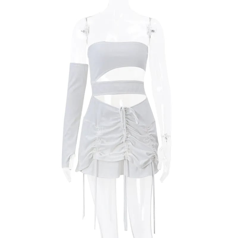 White Hollow Out Drawstring Strapless Mini Dress