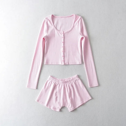 2PCS Pink Ribbed Button Long Sleeve Crop Top + Shorts