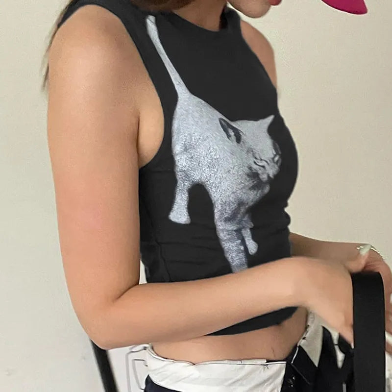 Black Cat Graphic Print Crop Top