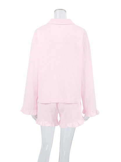 2PCS Pink Ruffle Long Sleeve Shirt + Shorts Pajama Set