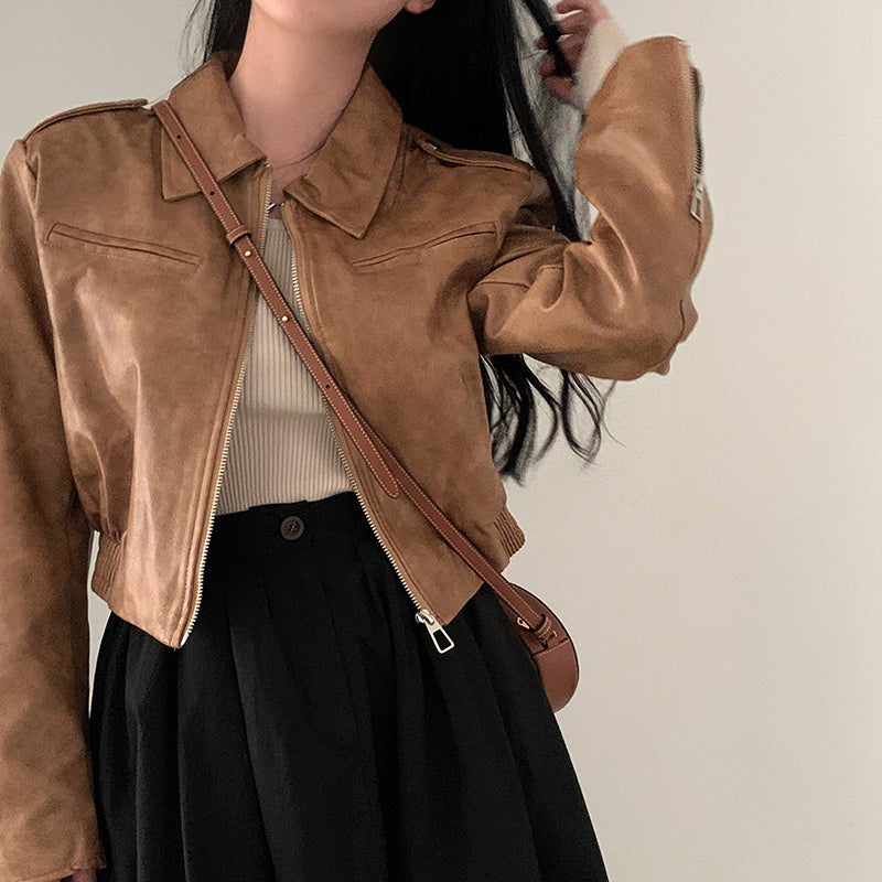 Brown PU Leather Turn Down Collar Zipper Jacket