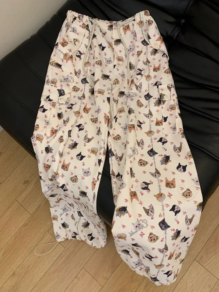Cat Dog Animal Print Wide Leg Cargo Pants