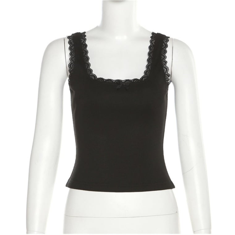 Black Bow Lace Trim Tank Top