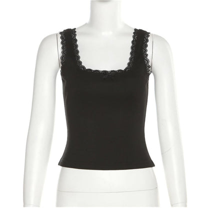 Black Bow Lace Trim Tank Top