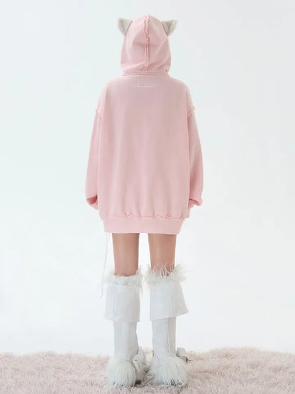Pink Fluffy Cat Ears Letter Print Sweatshirt