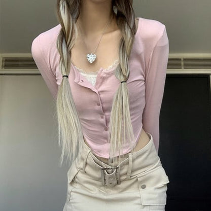 Pink Lace Patchwork Button Crop Top
