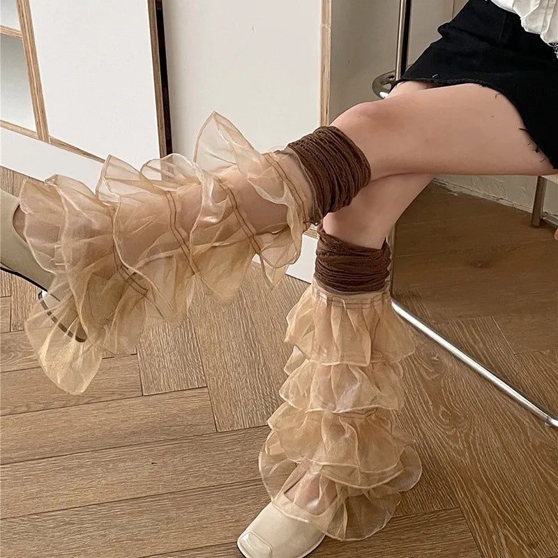 Layered Mesh Ruffle Thigh High Leg Warmers
