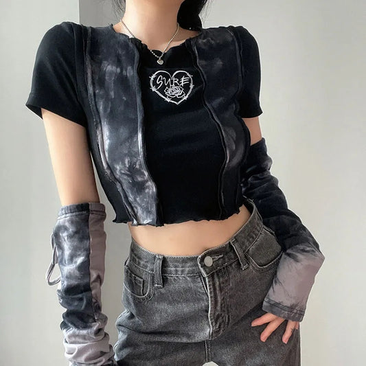 Black & Grey Patchwork Crop Top with Sleeve