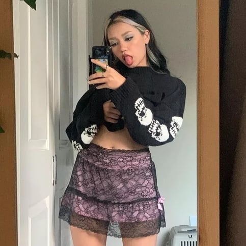 Black Skull Knit Sweater Sweatshirt Crewneck Long Sleeve Pullover Goth Punk Autumn Fall E-Girl Kawaii Korean Japanese Harajuku Streetwear
