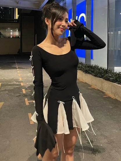 Black Lace Up Splice Fold Bodycon Dress