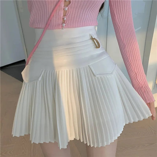 White Pleated D Metal Plate High Waist Mini Skirt