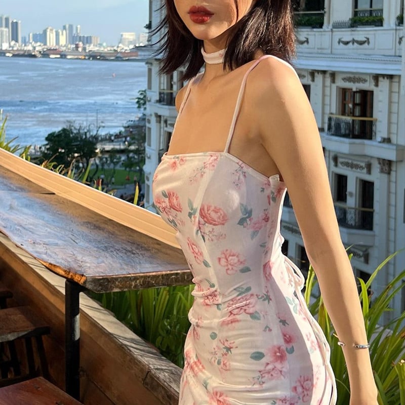Flower Print Lace Up Split Mini Dress