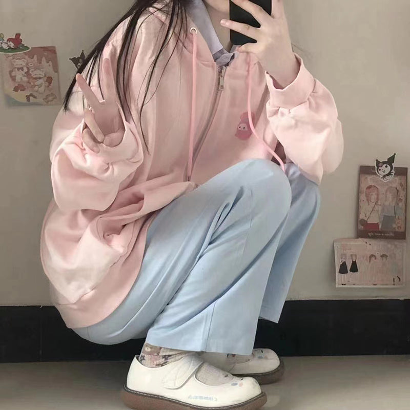 Pink Rabbit Print Oversized Hoodie