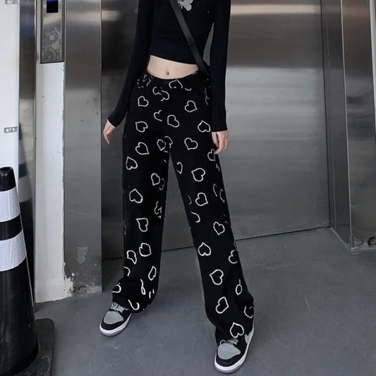 Black Heart Print High Waist Pants