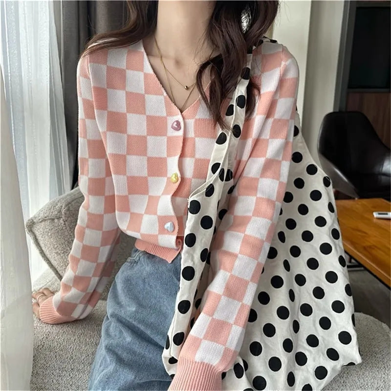 Purple Color Block Heart Button V Neck Sweater