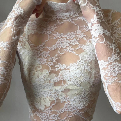 White Transparent Lace Turtleneck Crop Top