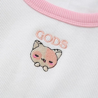 Cat Embroidery Patchwork Crop Top
