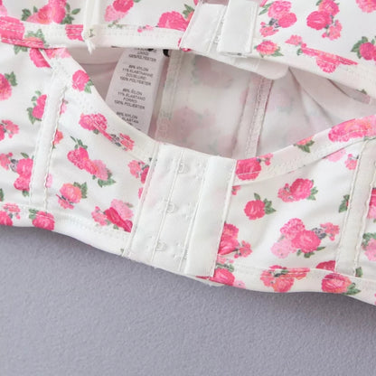 Pink Flower Print Ruffle Bustier Crop Top