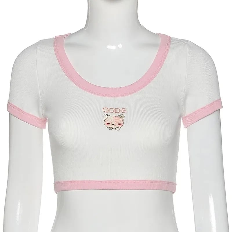 Cat Embroidery Patchwork Crop Top