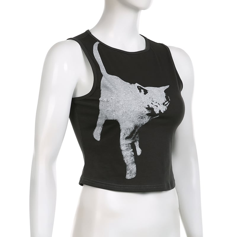 Black Cat Graphic Print Crop Top