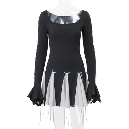 Black Lace Up Splice Fold Bodycon Dress