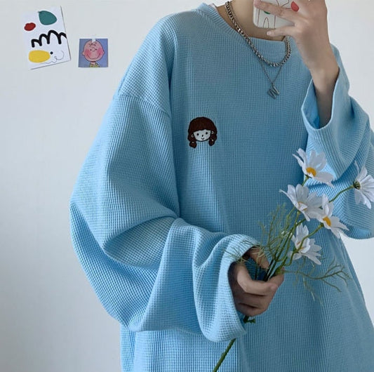 Girl Embroidery Waffle Sweater