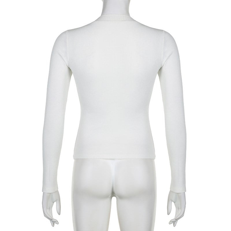 White Knit V Neck Long Sleeve Shirt