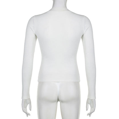White Knit V Neck Long Sleeve Shirt