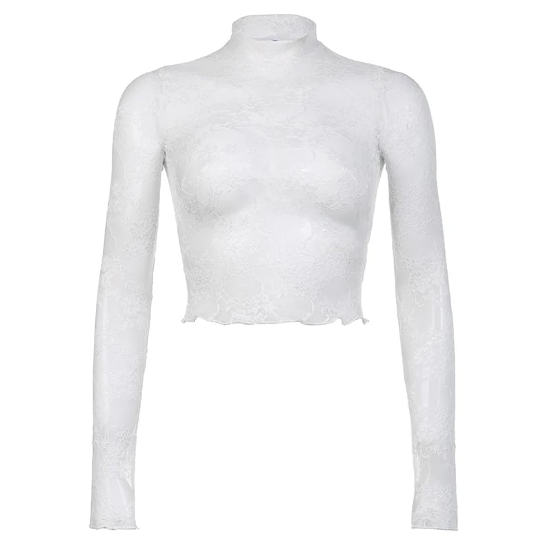 White Transparent Lace Turtleneck Crop Top