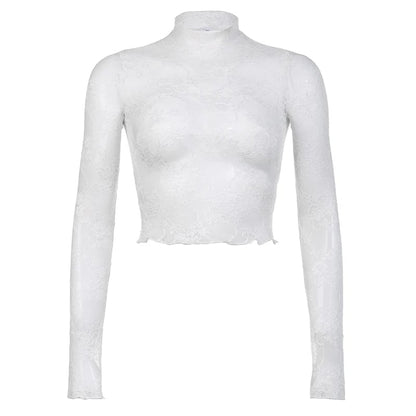 White Transparent Lace Turtleneck Crop Top