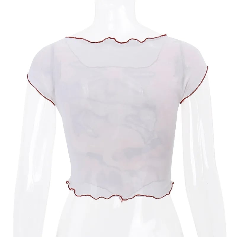 Abstract Print Mesh Sheer Crop Top