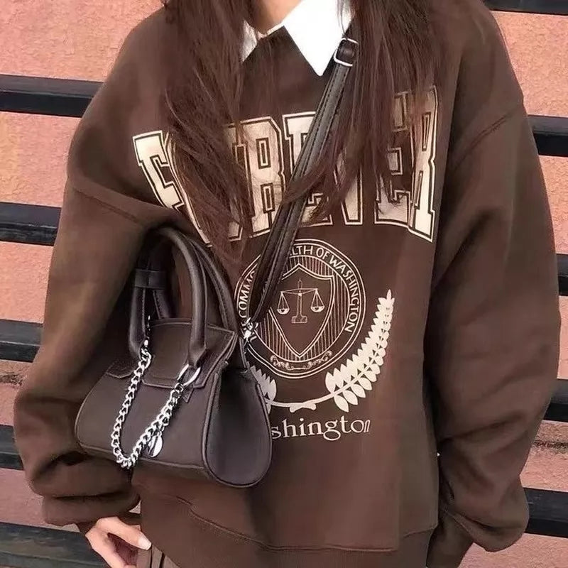 Brown Letter Oversized Long Sleeve Sweater