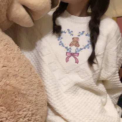 Heart Bear Flower Bow Embroidery Knit Sweater