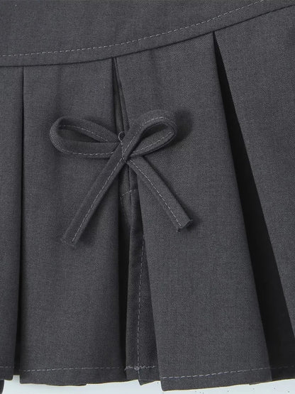 Grey Bow Low Waist Tiered Pleated Skirt