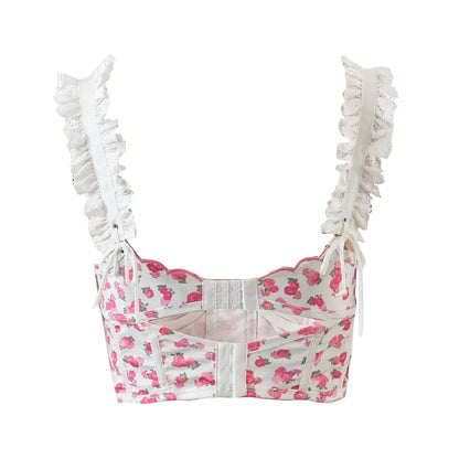 Pink Flower Print Ruffle Bustier Crop Top