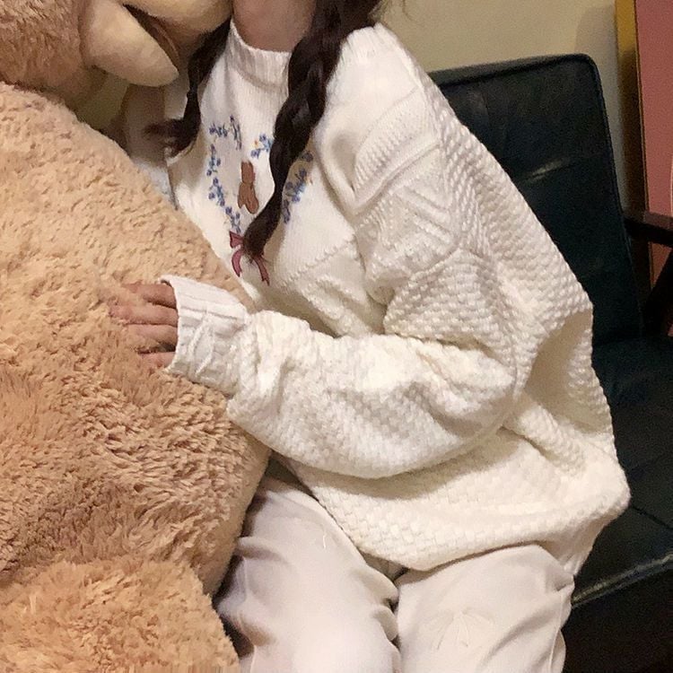 Heart Bear Flower Bow Embroidery Knit Sweater