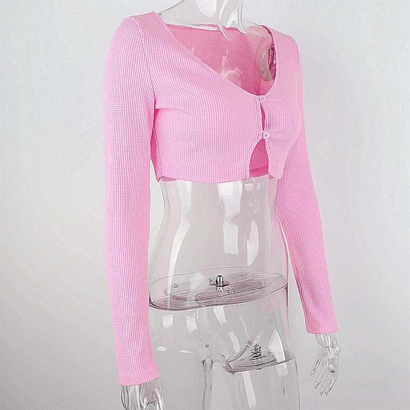 Pink Ribbed Long Sleeve Crop Top