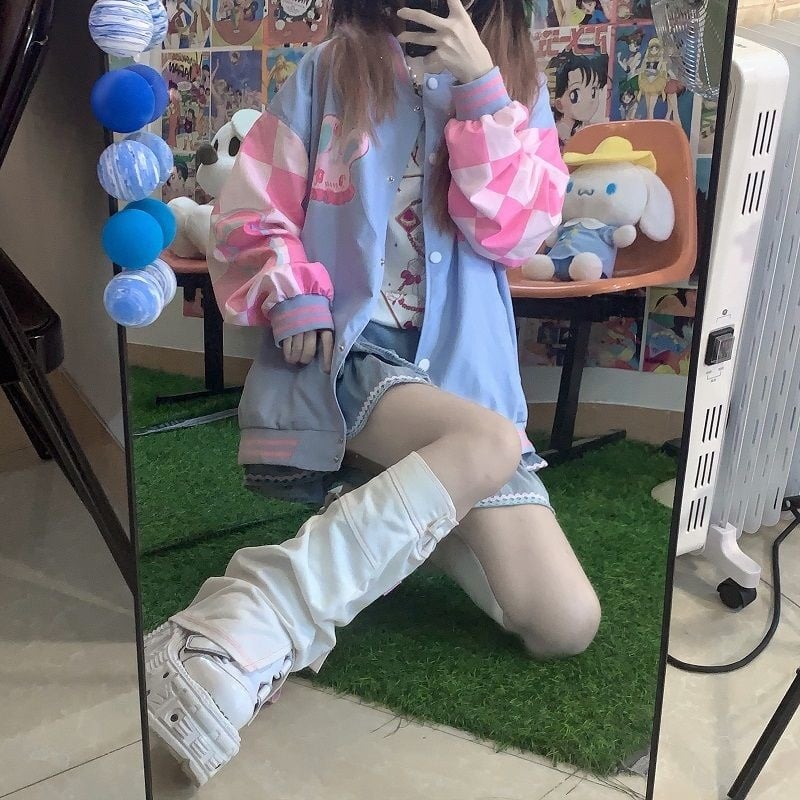 Blue & Pink Rabbit Patchwork Varsity Jacket