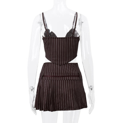2PCS Vertical Stripe Print Spaghetti Strap Top + Skirt