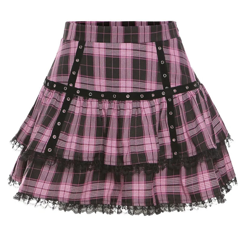Pink Plaid Pleated Lace Mini Skirt