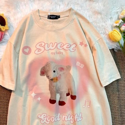 Sweet Lamb Print Short Sleeve T-shirt