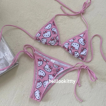 3D Pink Japanese Anime Cat Bikini Set